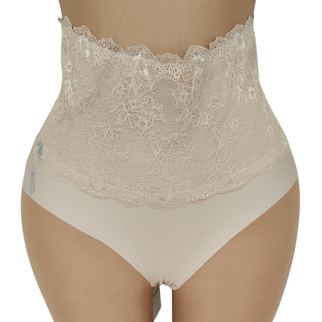 UK 14 - F and F Brown Lace Mix Banded High Waist Control Pant[ink]